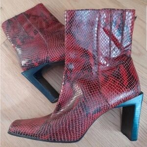 Elegant Red Snakeskin Heeled Boots